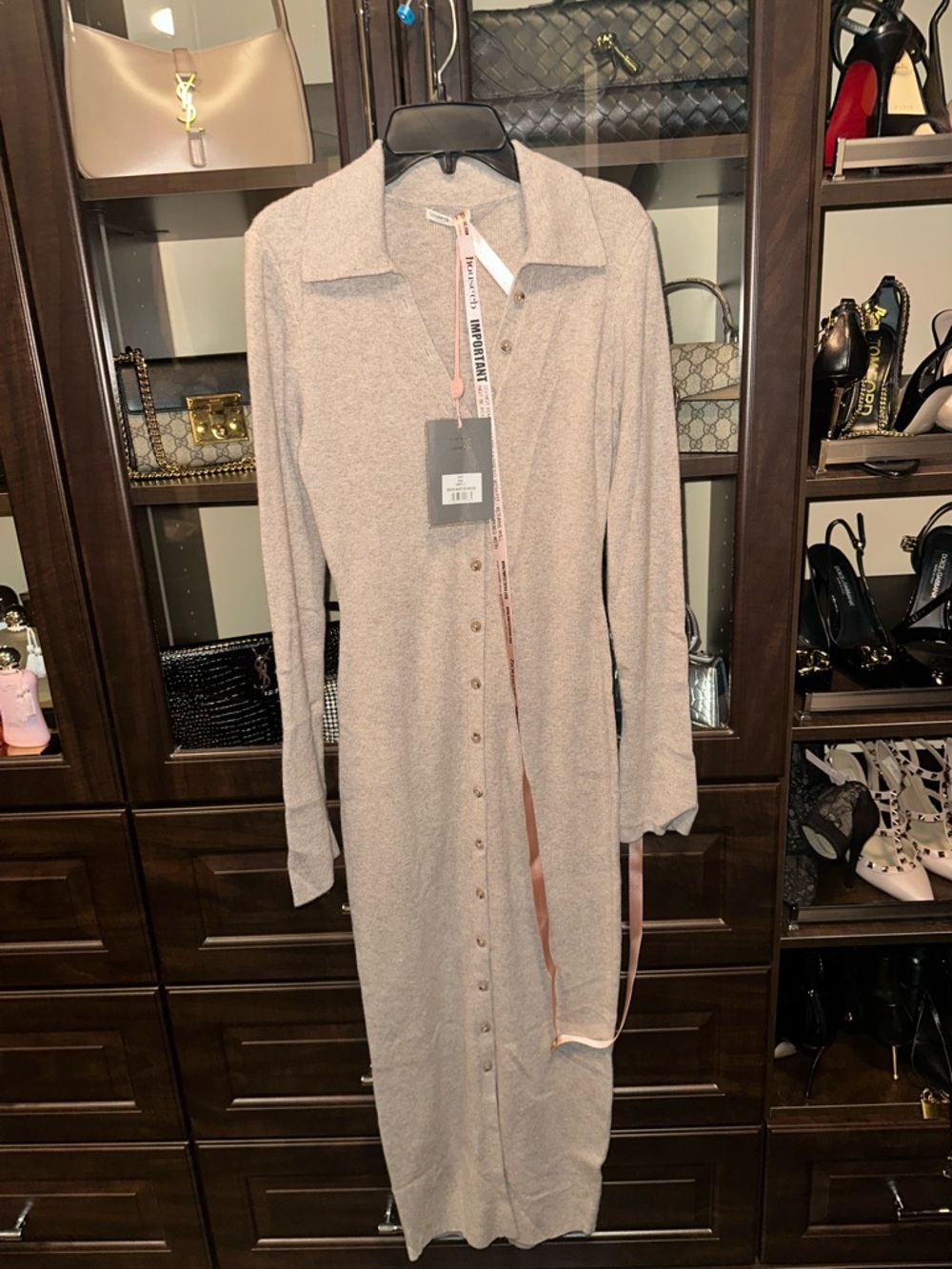 House of CB Light Taupe Button-Front Midi Dress
